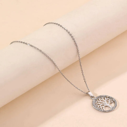 Stainless Steel Silver Plated Simple Style Round Tree Hollow Out Inlay Zircon Pendant Necklace