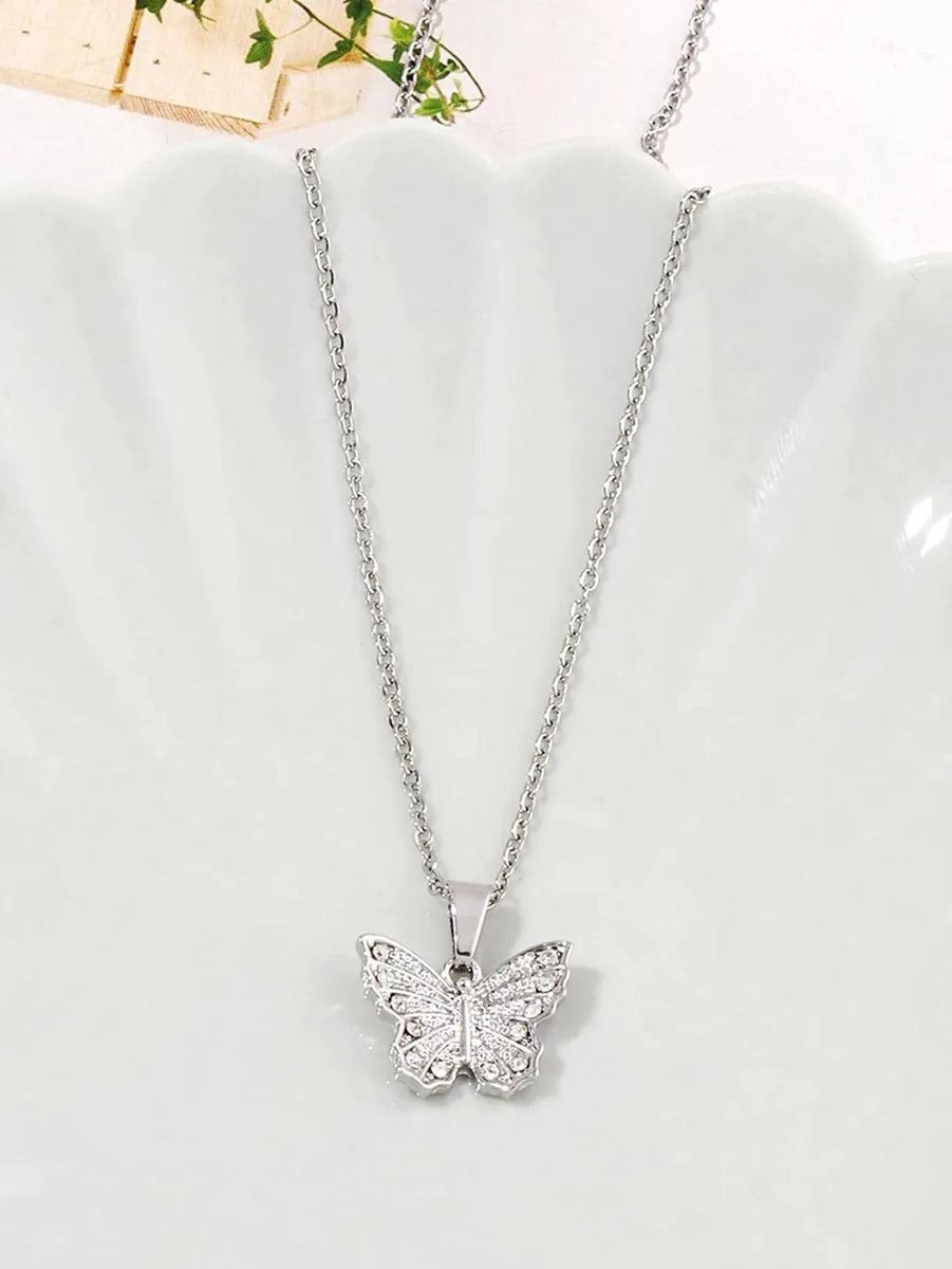 Stainless Steel Silver Plated Simple Style Shiny Butterfly Inlay Zircon Pendant Necklace