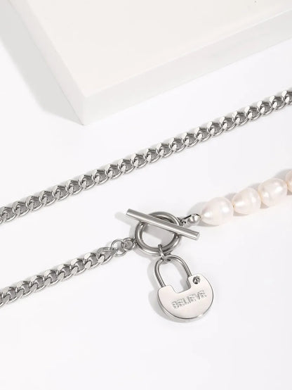 Stainless Steel Silver Plated Simple Style Square Lock Toggle Inlay Artificial Pearls Zircon Pendant Necklace