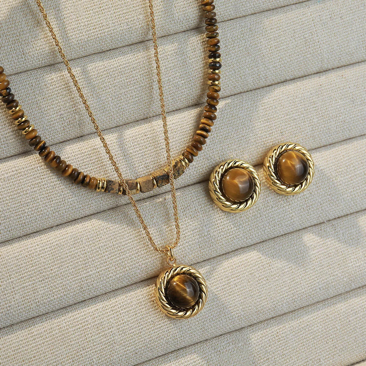 Stainless Steel Tiger Eye Copper Vintage Style Geometric Round Water Droplets Handmade Jewelry Set