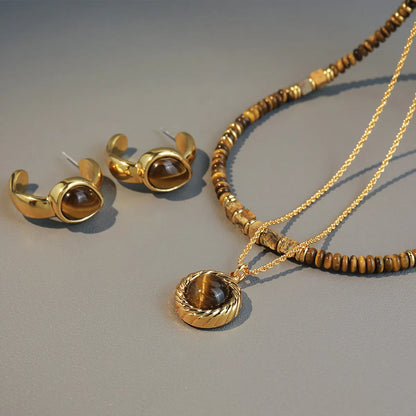 Stainless Steel Tiger Eye Copper Vintage Style Geometric Round Water Droplets Handmade Jewelry Set