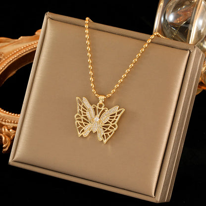 Stainless Steel Titanium Steel 18K Gold Plated IG Style Simple Style Shiny Butterfly Hollow Out Inlay Zircon Pendant Necklace