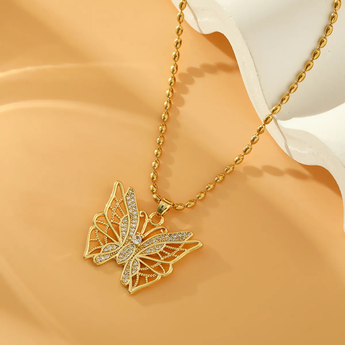 Stainless Steel Titanium Steel 18K Gold Plated IG Style Simple Style Shiny Butterfly Hollow Out Inlay Zircon Pendant Necklace