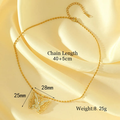 Stainless Steel Titanium Steel 18K Gold Plated IG Style Simple Style Shiny Butterfly Hollow Out Inlay Zircon Pendant Necklace