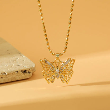 Stainless Steel Titanium Steel 18K Gold Plated IG Style Simple Style Shiny Butterfly Hollow Out Inlay Zircon Pendant Necklace