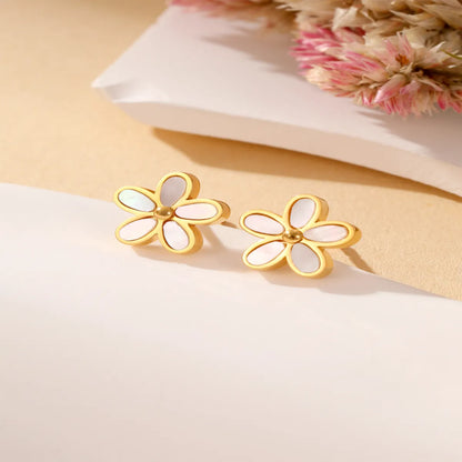 Stainless Steel Titanium Steel 24K Gold Plated Glam Simple Style Flower Inlay Shell Earrings Necklace