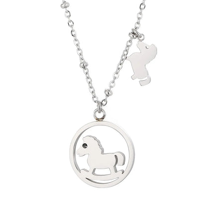 Stainless Steel Titanium Steel Cute Horse Inlay Rhinestones Pendant Necklace