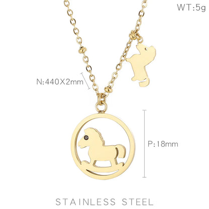 Stainless Steel Titanium Steel Cute Horse Inlay Rhinestones Pendant Necklace