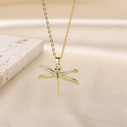 Stainless Steel Titanium Steel Elegant Simple Style Dragonfly Plating Inlay Zircon Pendant Necklace