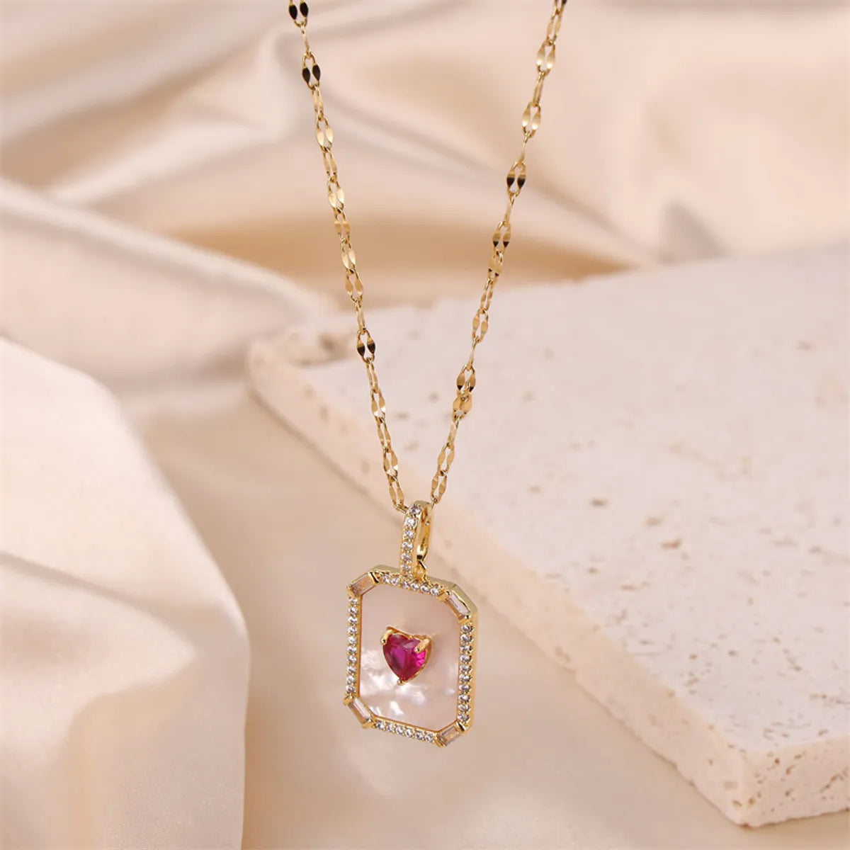 Stainless Steel Titanium Steel Simple Style Heart Shape Rectangle Plating Inlay Natural Stone Shell Zircon Pendant Necklace