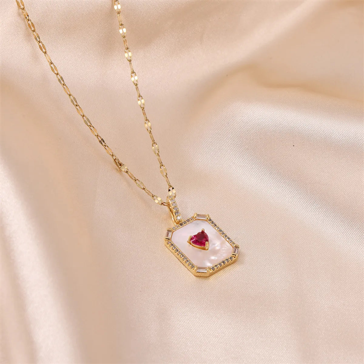 Stainless Steel Titanium Steel Simple Style Heart Shape Rectangle Plating Inlay Natural Stone Shell Zircon Pendant Necklace