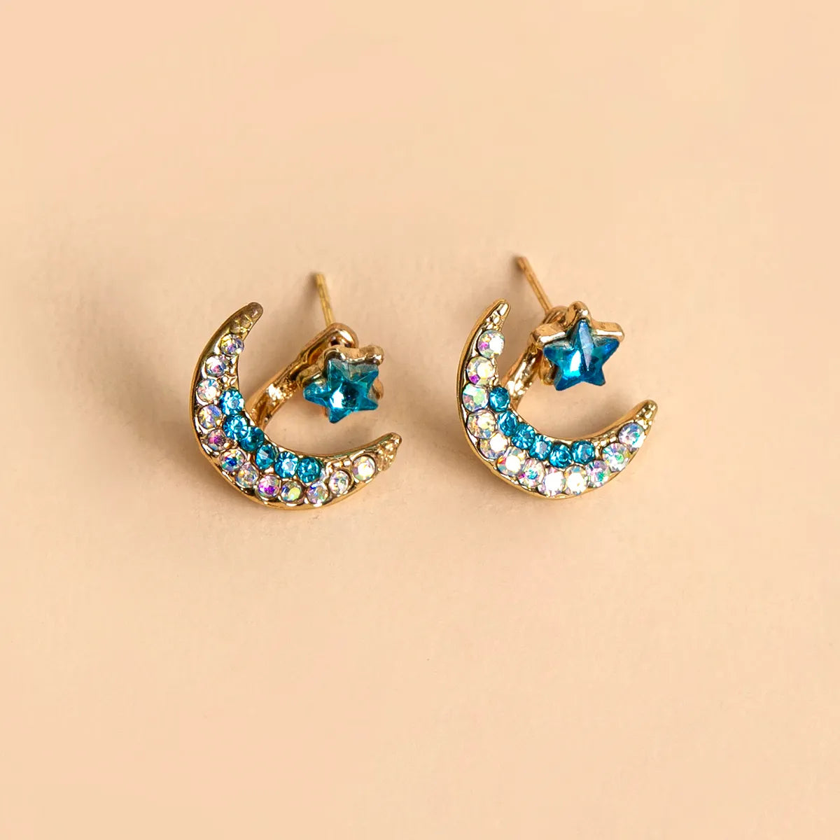 Star And Moon Rhinestone Stud Earrings Alloy