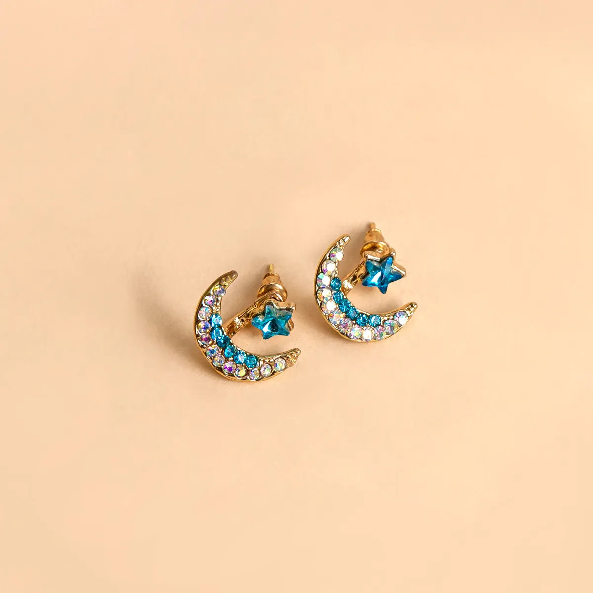 Star And Moon Rhinestone Stud Earrings Alloy