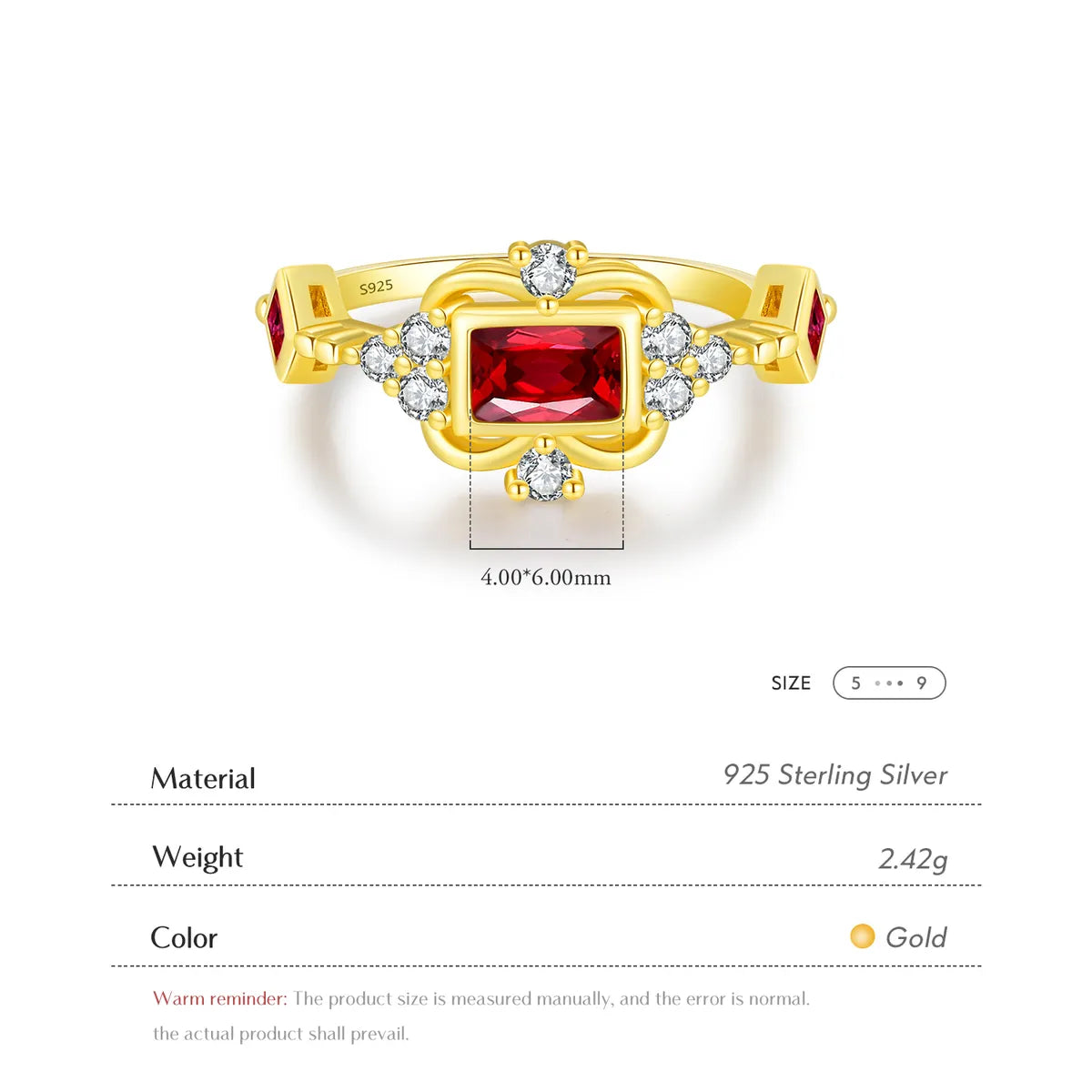 Sterling Silver 14K Gold Plated Elegant Retro French Style Plating Inlay Square Zircon Rings