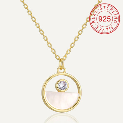 Sterling Silver 14K Gold Plated IG Style Simple Style Hollow Out Inlay Round Rhombus Shell Shell Zircon Pendant Necklace