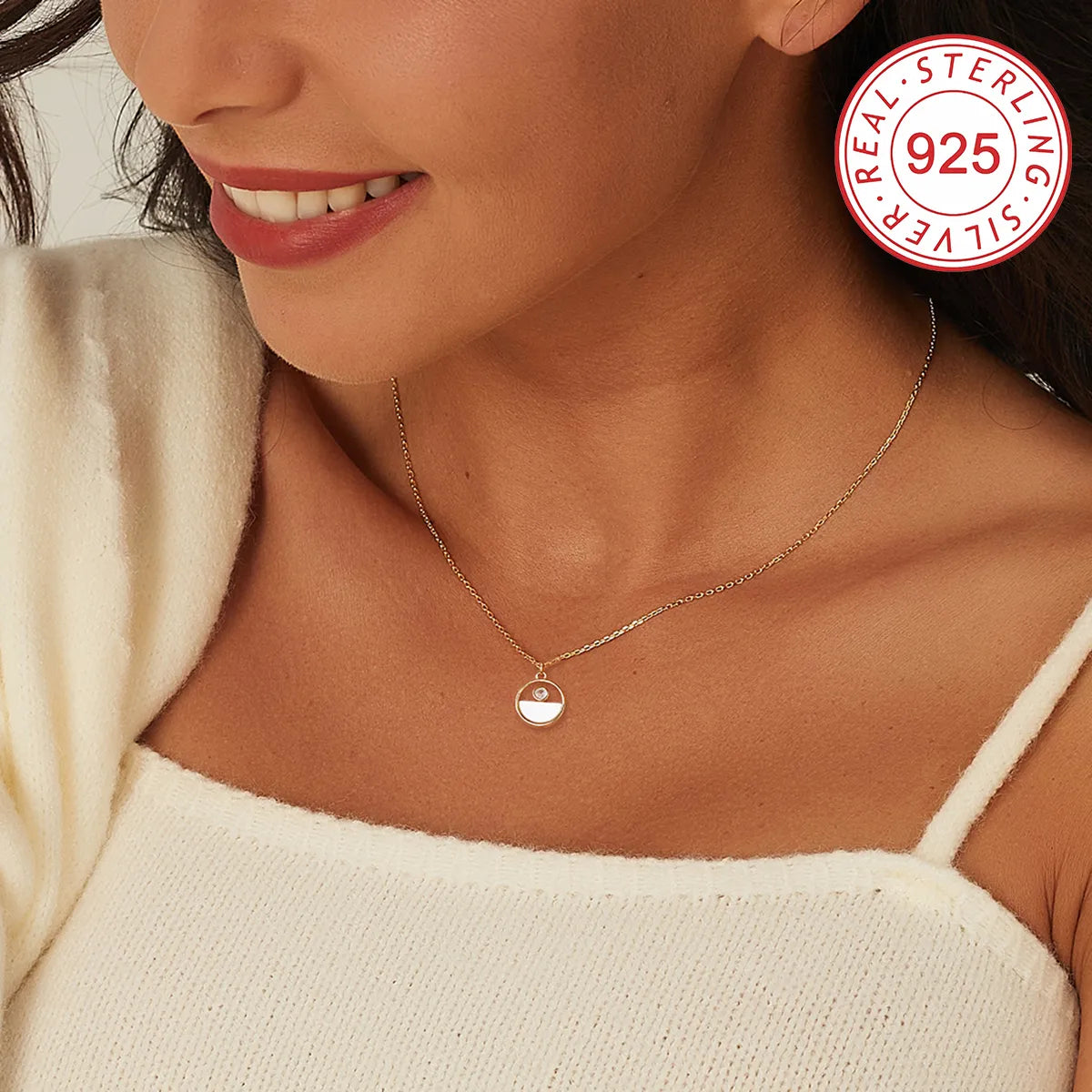 Sterling Silver 14K Gold Plated IG Style Simple Style Hollow Out Inlay Round Rhombus Shell Shell Zircon Pendant Necklace