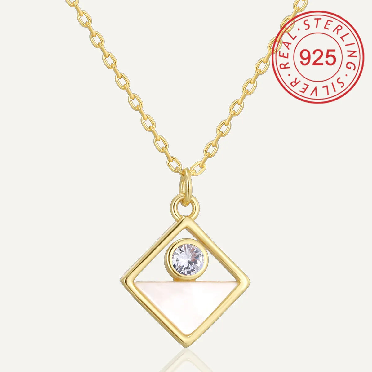 Sterling Silver 14K Gold Plated IG Style Simple Style Hollow Out Inlay Round Rhombus Shell Shell Zircon Pendant Necklace