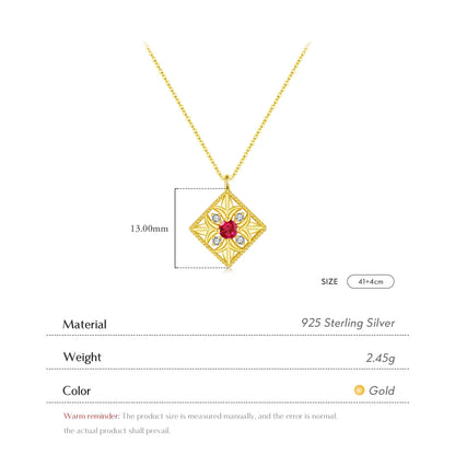 Sterling Silver 14K Gold Plated Retro Luxurious Plating Inlay Square Flower Zircon Pendant Necklace