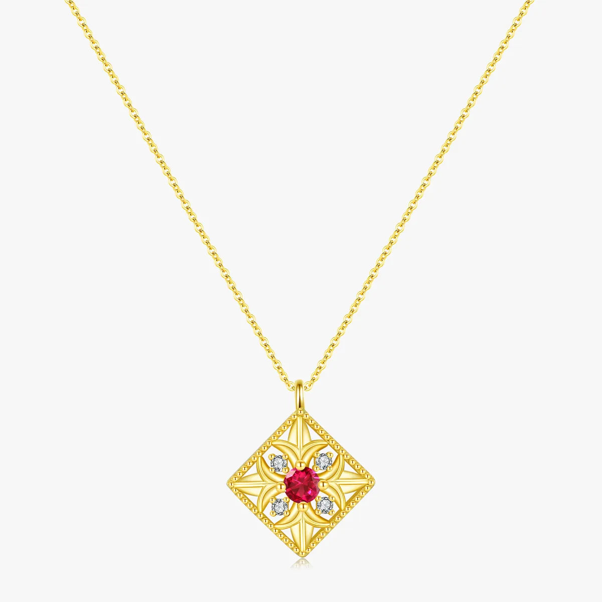 Sterling Silver 14K Gold Plated Retro Luxurious Plating Inlay Square Flower Zircon Pendant Necklace