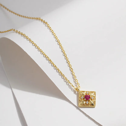 Sterling Silver 14K Gold Plated Retro Luxurious Plating Inlay Square Flower Zircon Pendant Necklace