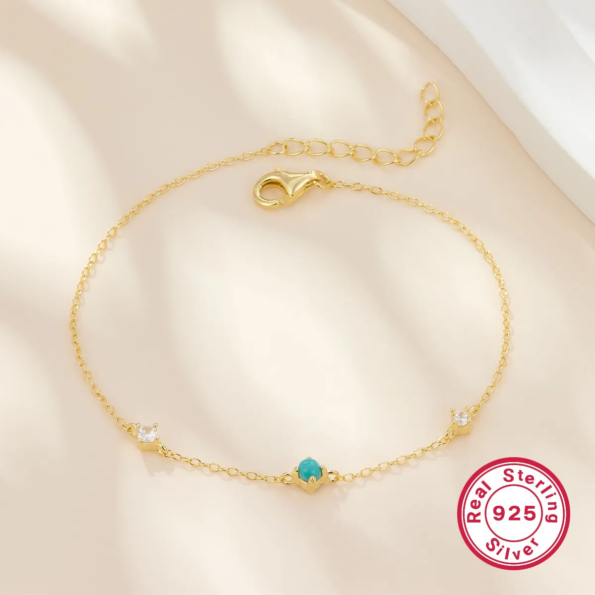 Sterling Silver 18K Gold Plated IG Style Paper Clip Round Inlay Turquoise Zircon Bracelets