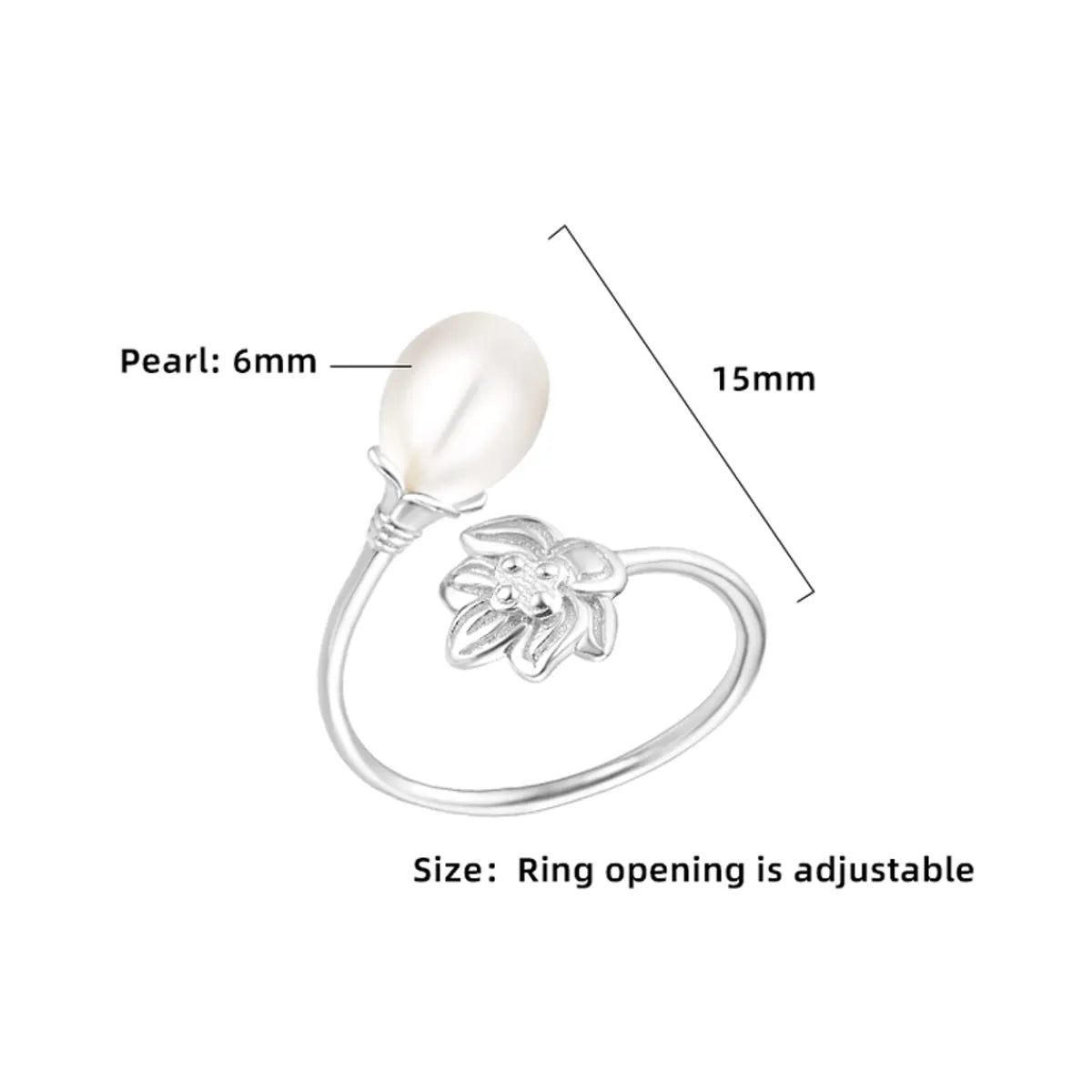 Sterling Silver 18K Gold Plated White Gold Plated Elegant Polishing Inlay Flower Pearl Open Rings