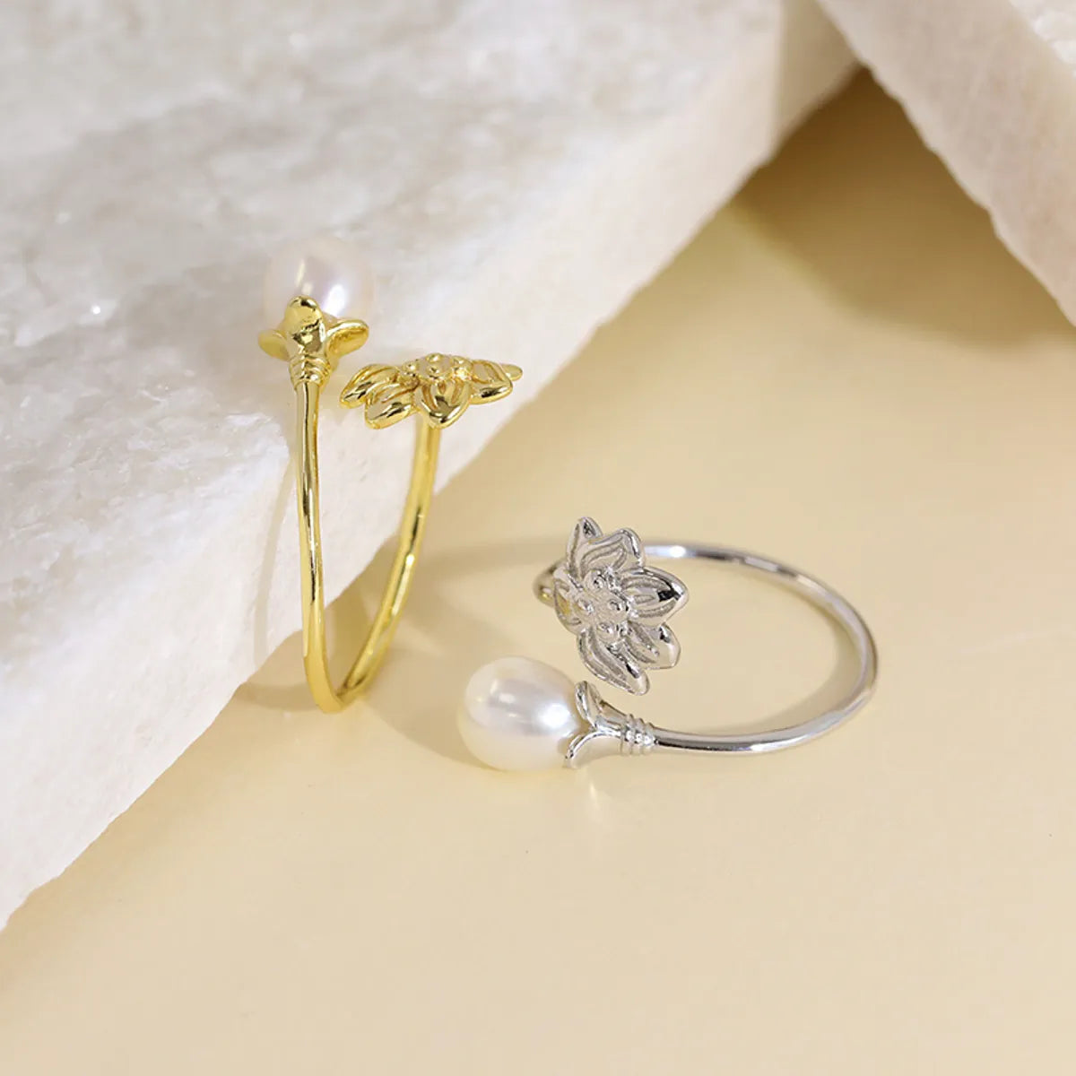 Sterling Silver 18K Gold Plated White Gold Plated Elegant Polishing Inlay Flower Pearl Open Rings