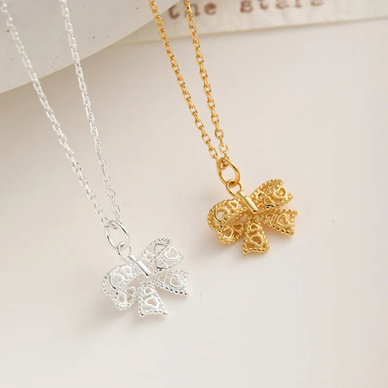 Sterling Silver Casual Chain Bow Knot Pendant Necklace