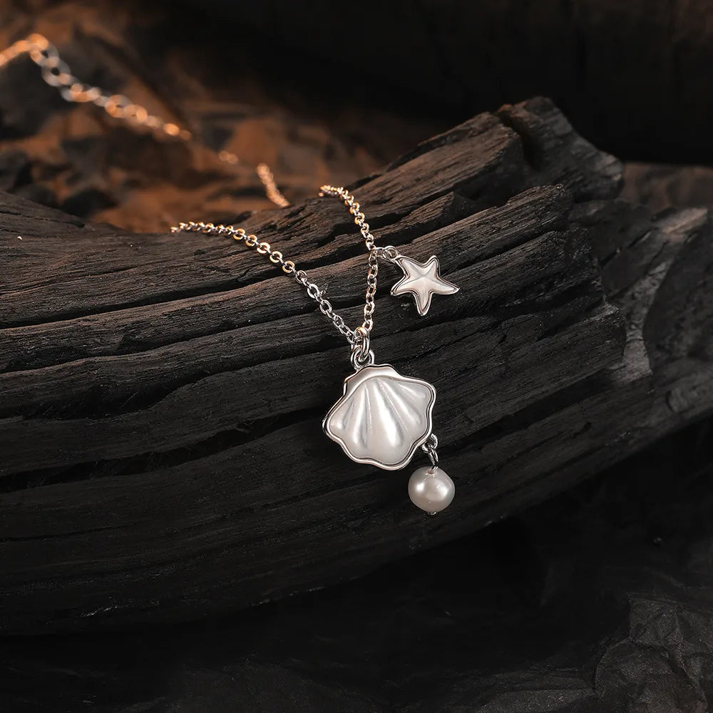 Sterling Silver Casual Simple Style Hollow Out Inlay Starfish Shell Freshwater Pearl Shell Pendant Necklace