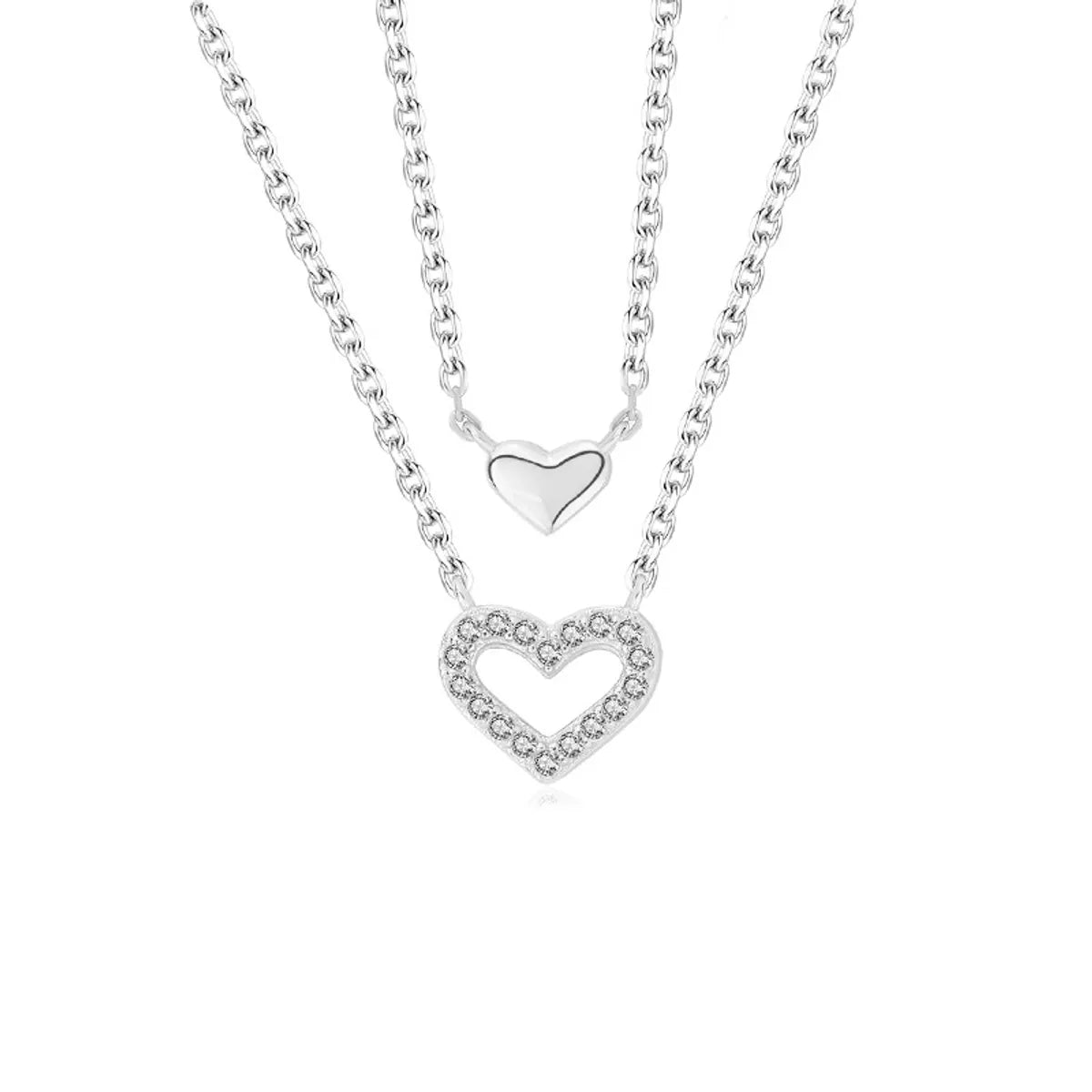 Sterling Silver Elegant Lady Plating Inlay Heart Shape Zircon Double Layer Necklaces Pendant Necklace