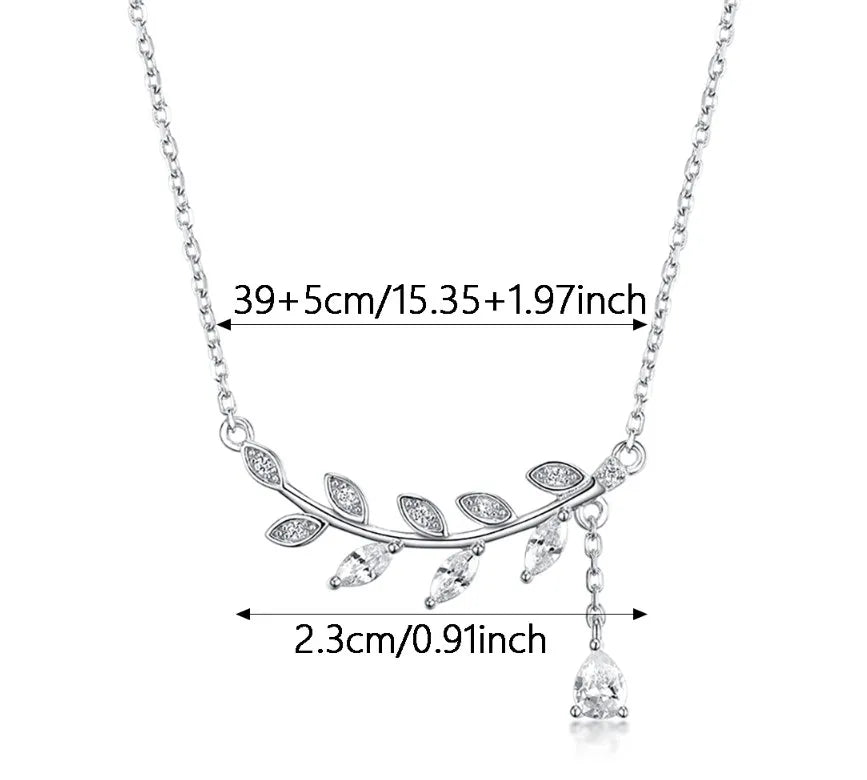 Sterling Silver Elegant Leaf Leaves Plating Inlay Zircon Pendant Necklace