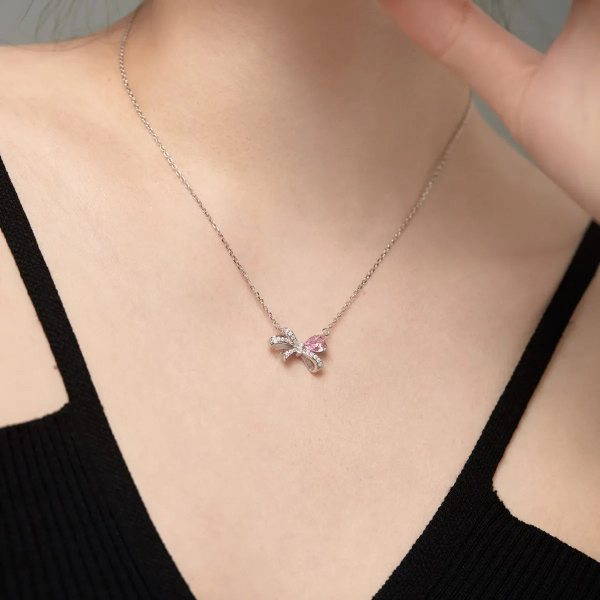 Sterling Silver Elegant Simple Style Bow Knot Plating Inlay Zircon Necklace