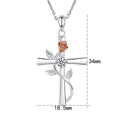 Sterling Silver Elegant Simple Style Cross Rose Plating Pendant Necklace