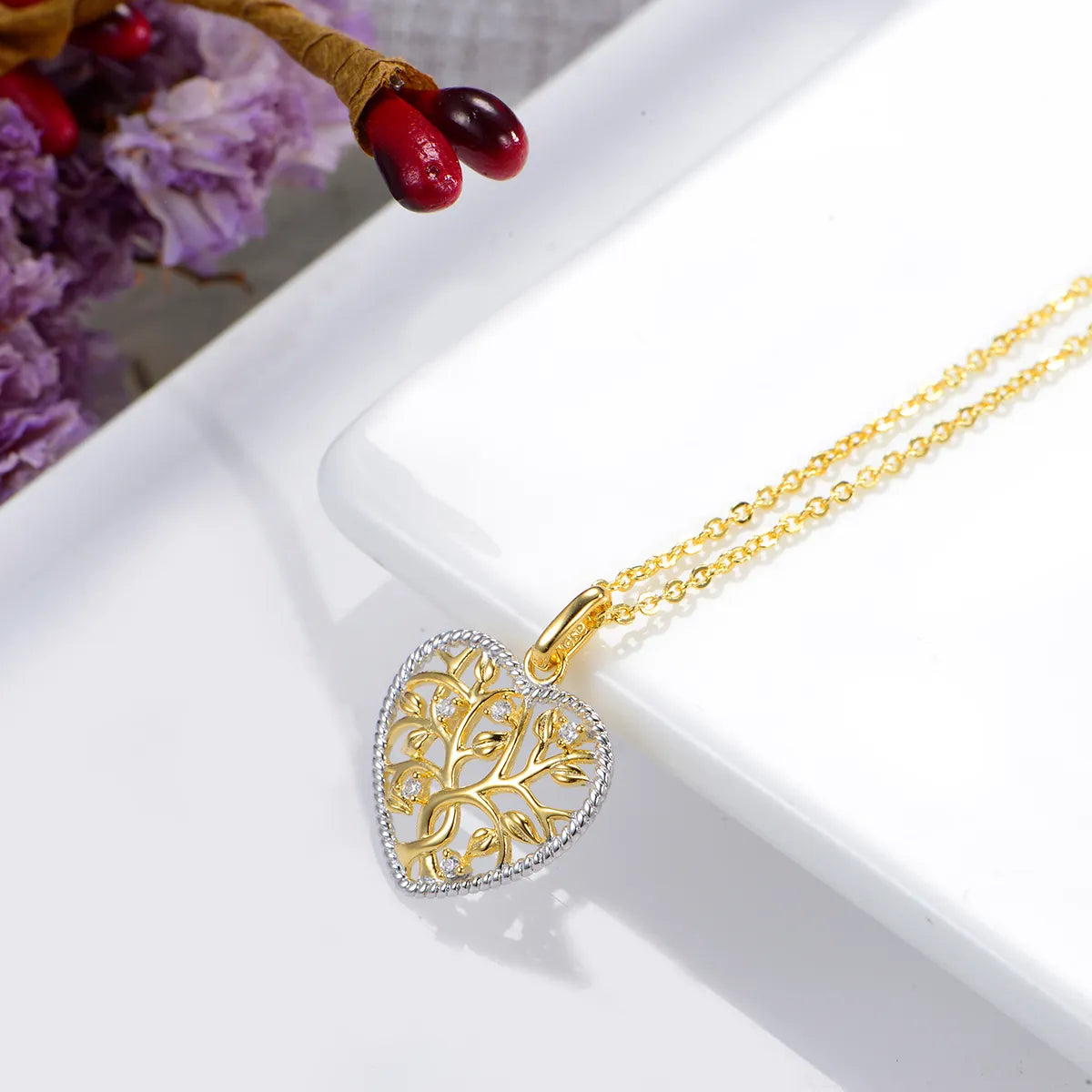 Sterling Silver Gold Plated Elegant Simple Style Leaf Heart Shape Plating Inlay Zircon Pendant Necklace