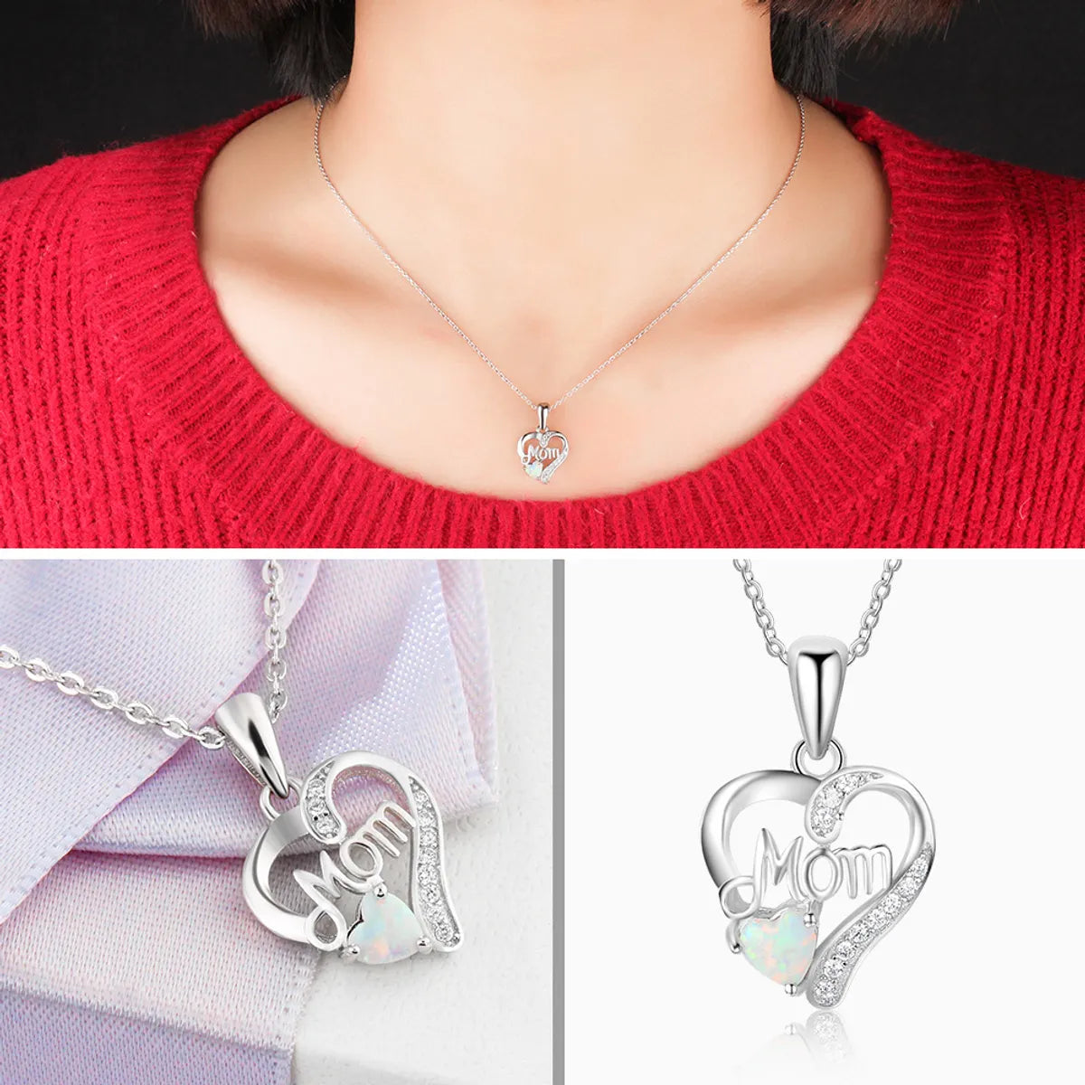 Sterling Silver IG Style Elegant Letter Heart Shape Opal Pendant Necklace