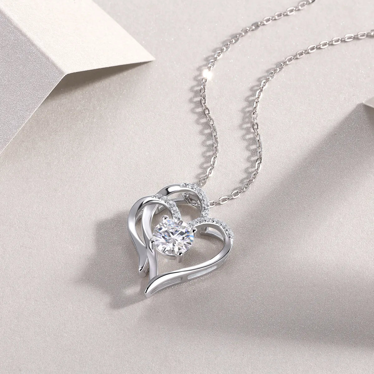 Sterling Silver Moissanite Inlay Geometric Heart Shape Pendant Necklace