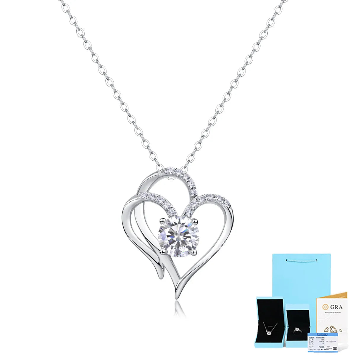 Sterling Silver Moissanite Inlay Geometric Heart Shape Pendant Necklace