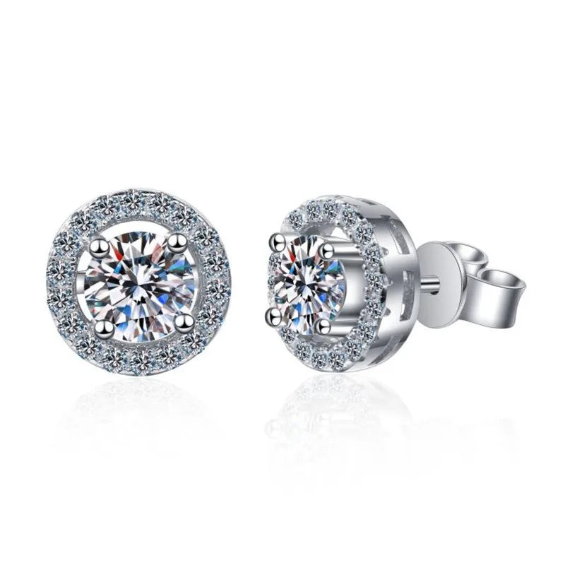 Sterling Silver Inlay Round Moissanite Zircon Ear Studs