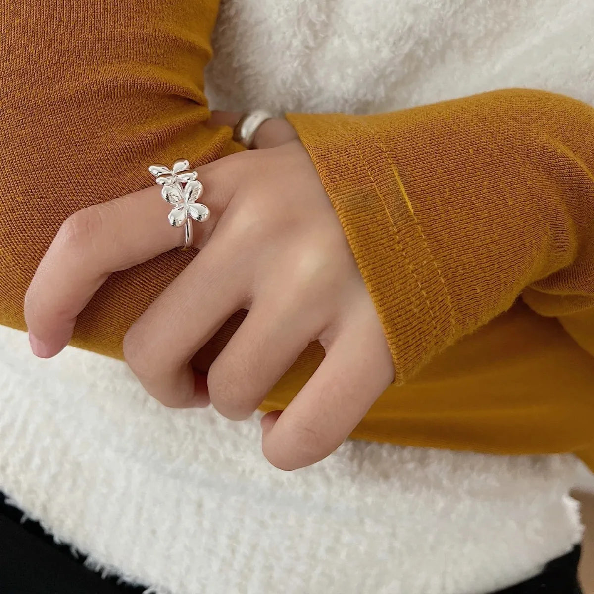 Sterling Silver Plating Flower Open Rings