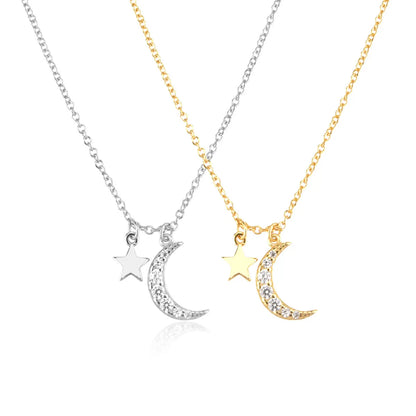 Sterling Silver Plating Inlay Star Moon Zircon Pendant Necklace