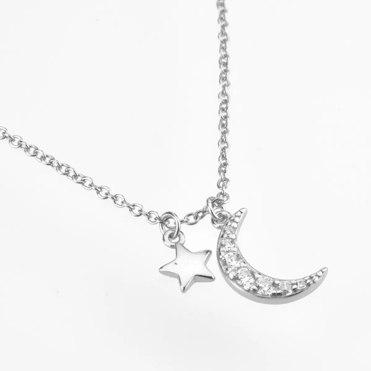 Sterling Silver Plating Inlay Star Moon Zircon Pendant Necklace