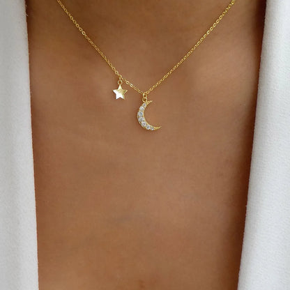 Sterling Silver Plating Inlay Star Moon Zircon Pendant Necklace