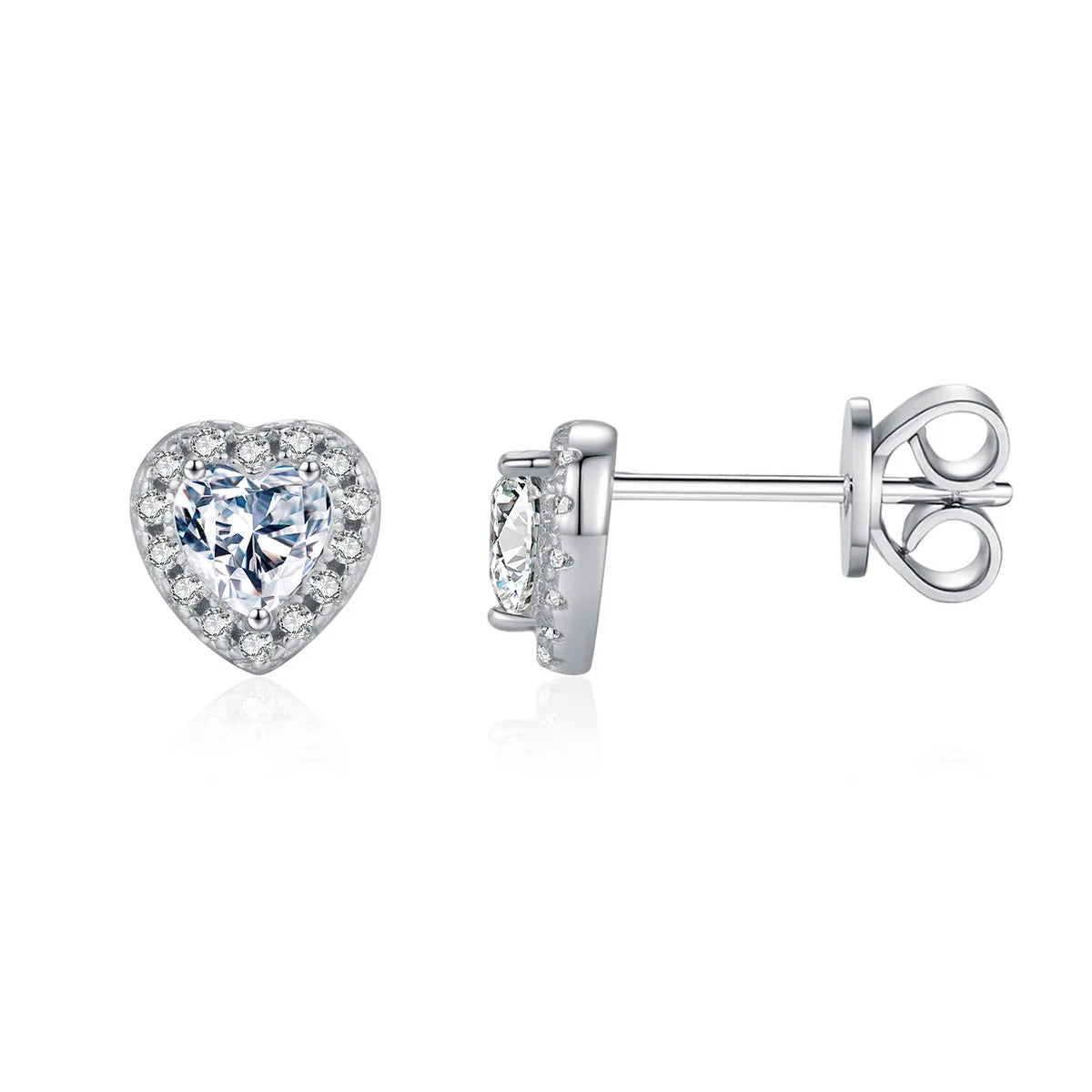 Sterling Silver Rhodium Plated Japanese Style Sweet Shiny Inlay Heart Shape Moissanite Ear Studs