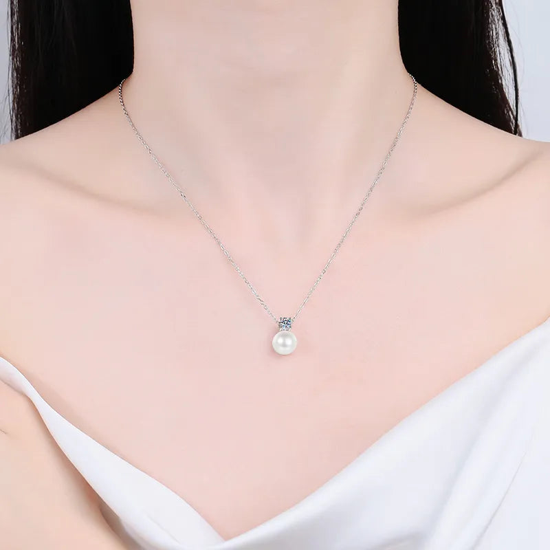 Sterling Silver Simple Style Classic Style Inlay Crown Rhinestones Pearl Pendant Necklace