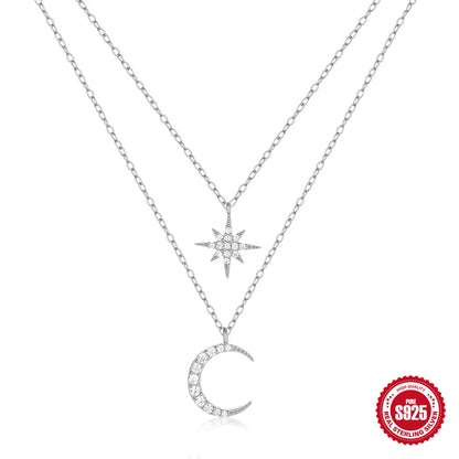 Sterling Silver Simple Style Star Moon Plating Inlay Zircon Double Layer Necklaces