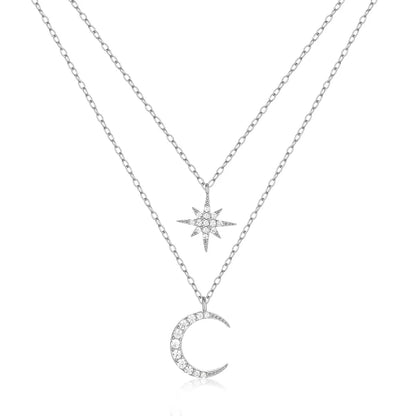 Sterling Silver Simple Style Star Moon Plating Inlay Zircon Double Layer Necklaces