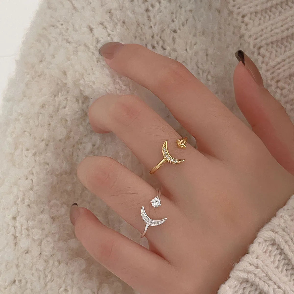 Sterling Silver Simple Style Star Moon Plating Open Rings