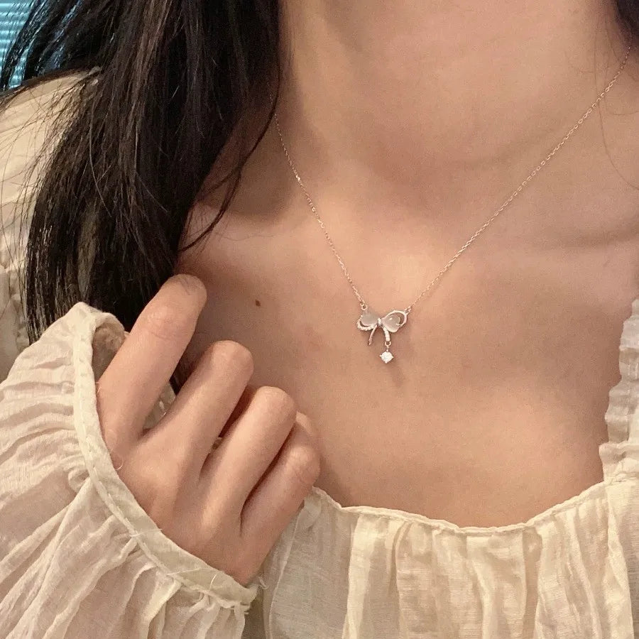 Sterling Silver Sweet Bow Knot Inlay Zircon Pendant Necklace