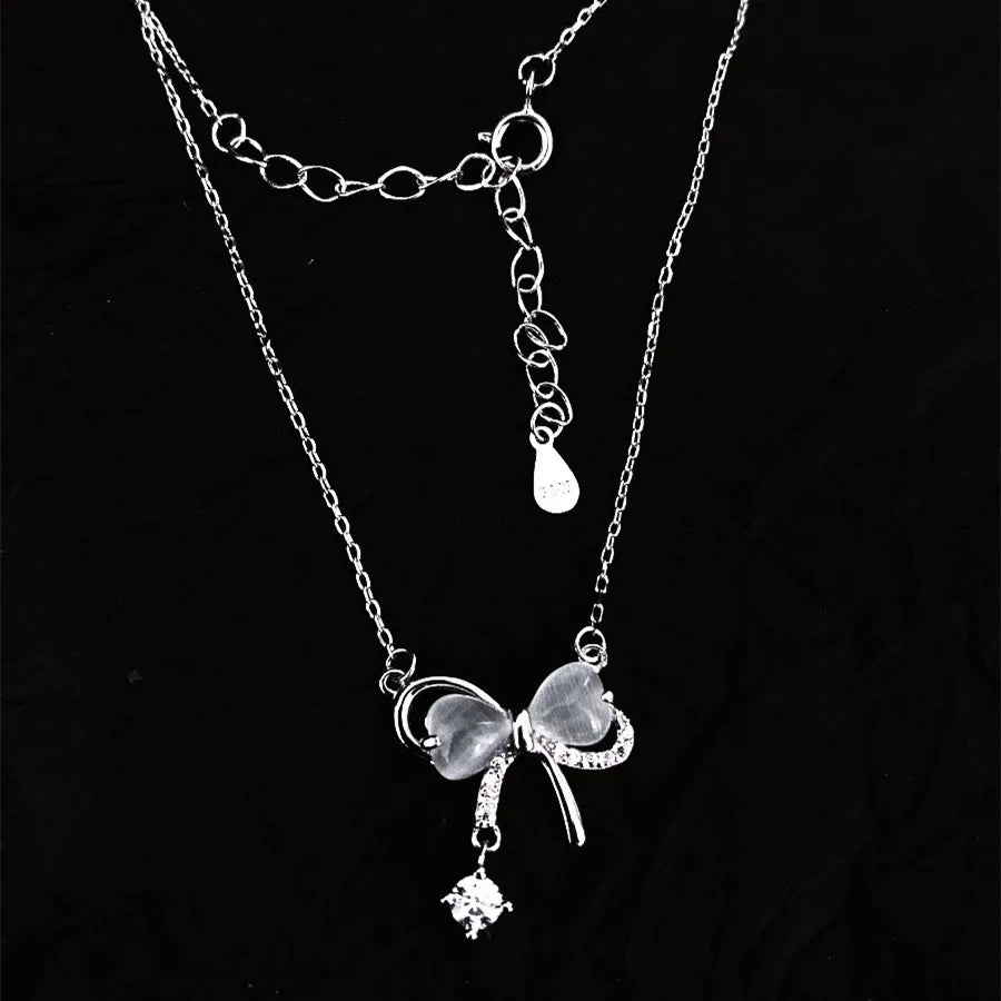 Sterling Silver Sweet Bow Knot Inlay Zircon Pendant Necklace