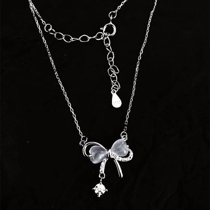 Sterling Silver Sweet Bow Knot Inlay Zircon Pendant Necklace